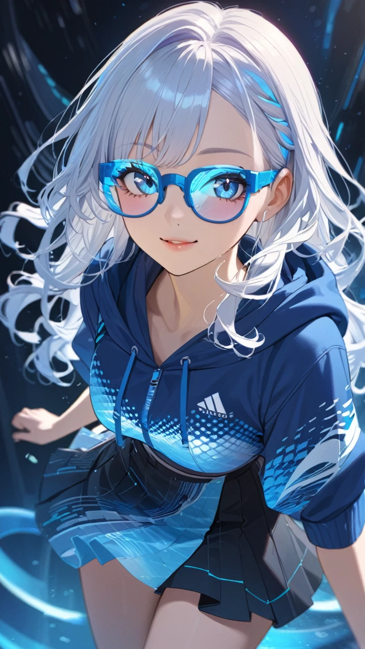 1girl, beautiful  eyes, beautiful  lips, blue and white hair, blue hoodie with wave pattern, dynamic wavy hair, blue eyes, futuristic glasses ,smile, futuristic,  futuristic skirt ,skirt 