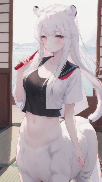 (best quality, masterpiece), 1 girl, centaur, I beg, White skin, Japanese schoolgirl, black pink, exposing the abdomen, belly button t-shirt , beautiful girl perfect, White tiger photo, 완벽한 White tiger photo