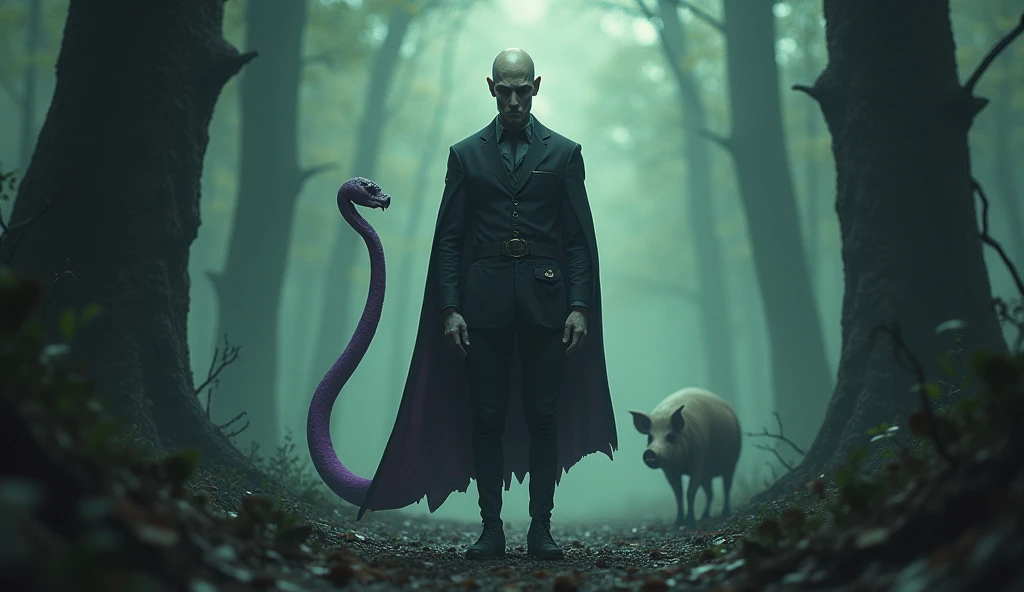 Reptilian in the cemetery wearing a black cloak and smoking a cigar,  blowing smoke through his nose at a man who is bent over
