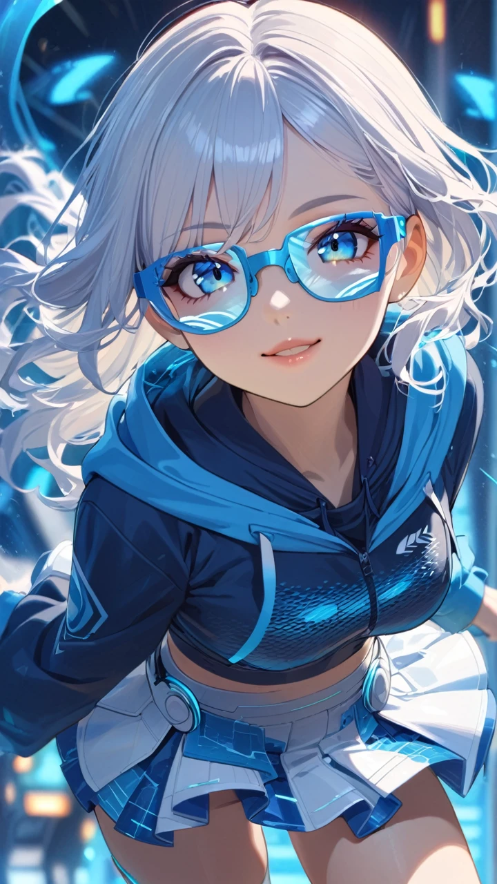 1girl, beautiful  eyes, beautiful  lips, blue and white hair, blue hoodie with wave pattern, dynamic wavy hair, blue eyes, futuristic glasses ,smile, futuristic,  futuristic skirt ,skirt 