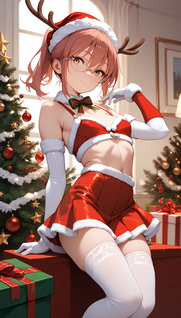 Kobayashi , small breasts, Sexy Christmas top, short skirt, white stockings, elbow passing gloves, revealing