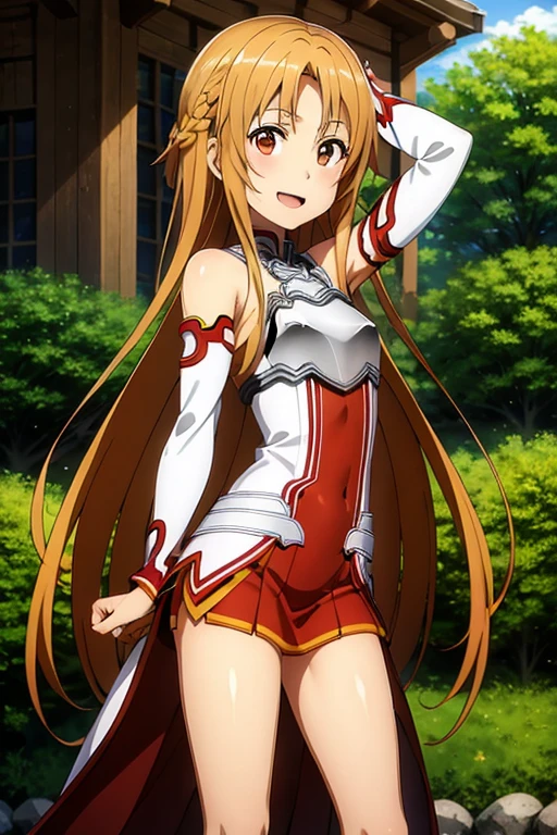 ((Best Quality)), ((masterpiece)), (be familiar with), Perfect Face, indoor, bedroom, Watching the audience,
One woman, Yuuki Asuna,
Open Mouth, Ecstatic expression, blush, smile,
Small breasts, Flat Chest, , , child, Girl,
Long Hair, Long Hair,
Leg spread,