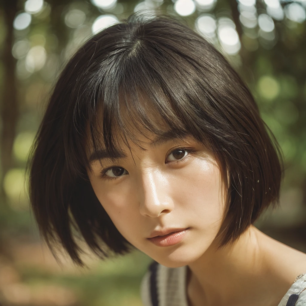 A hyper-realistic image of a single Japanese woman in her early 20s, captured with the nostalgic warmth and subtle graininess of a film camera. Her skin has a warm beige tone with a natural, slightly rough texture that includes visible pores, fine lines, and subtle imperfections such as small blemishes, adding to the authenticity of her appearance. The soft, diffused natural light enhances the film-like quality, casting gentle shadows that create a timeless, organic feel. Her straight, glossy black hair frames her face in a natural, slightly tousled manner, and her deep brown eyes reflect the ambient light, adding depth and emotion. The film camera effect introduces a slight grain and a softer focus, giving the image a warm, nostalgic atmosphere while maintaining the realistic texture of her skin. She is dressed simply, in a way that complements her natural beauty, with the overall composition designed to evoke a sense of genuine, understated elegance. The use of natural light, combined with the deliberately rougher texture of her skin and the film-like qualities, ensures that this image captures the imperfections that make her beauty truly lifelike, focusing solely on this one individual.