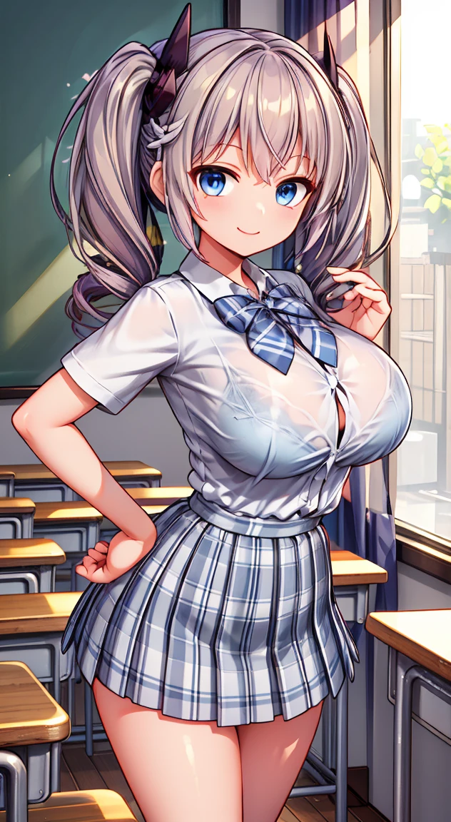 Highest quality,masterpiece,One Person,Blonde,Twin tails,Schoolgirl uniform,Short sleeve,mini skirt,Large Breasts,Standing Upright,Hands-on Hips,smile,classroom,see through ,summer ,Micro mini scart,see through bra,Perfect Fingers,