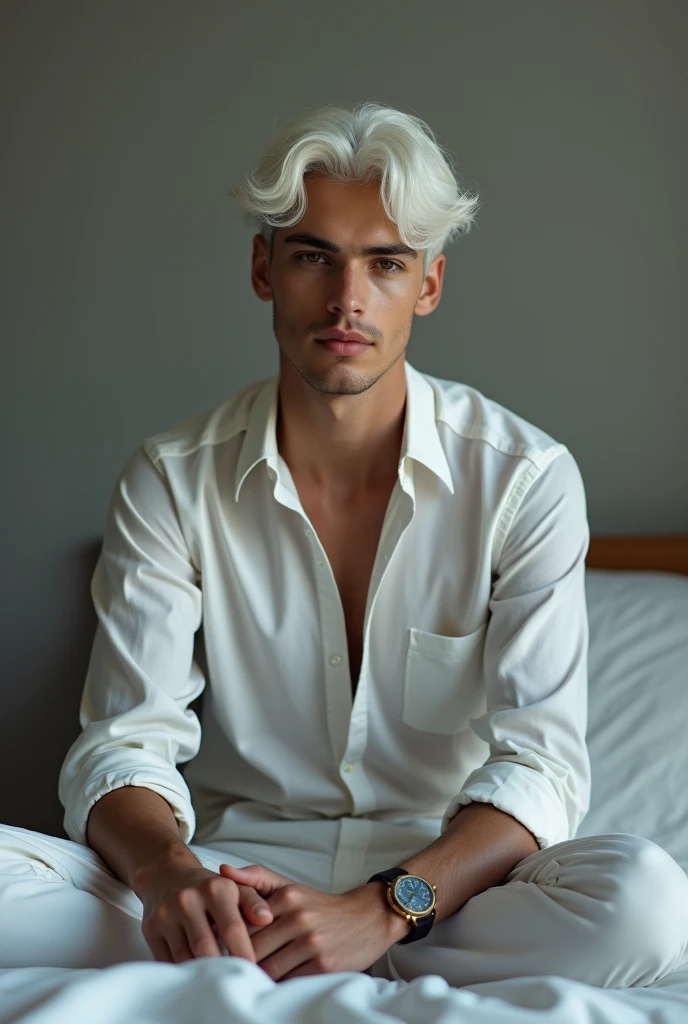 A handsome sexy 30 years old Targaryen Man with trimmed short platinum blonde hair, lilac eyes, He's wearing an underwear and lying on a bed,white underwear,hairy chest and thighs, realistic 