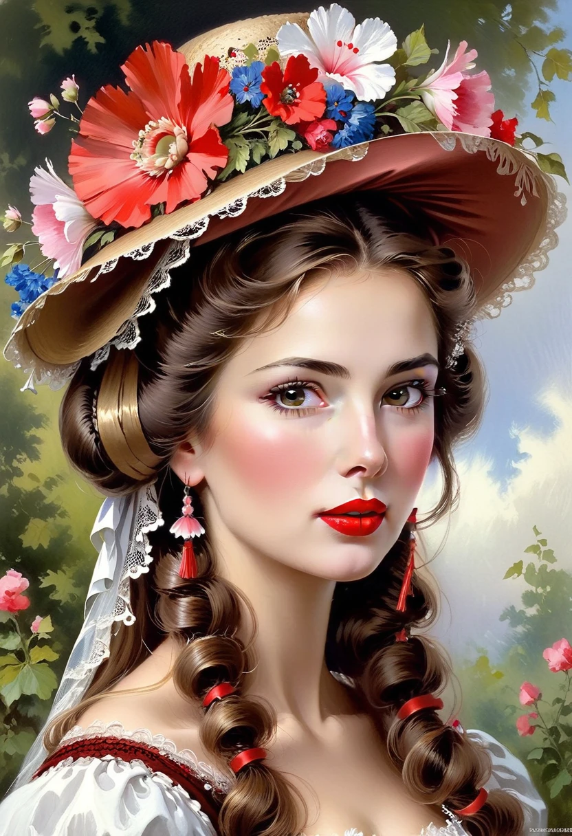 Hungarian Victorian Women Women 19th century, brown hair, (beautiful flower hat on head), red lips, good resource, Vadim Kashin, James Gurney, ink, splash art", remarkable beauty, Royo, after gender determination, super detailed splash art modern european ink painting