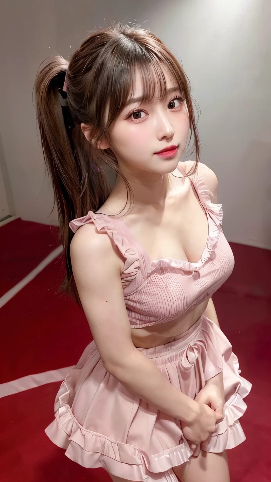 Pink dress features a sleeveless, fitted bodice with a decorative ribbon at the waist,Commercials for luxury cosmetics style,Commercial filming studio,The background is all gray,Ultra-detailed, finely detail, hight resolution, 8K Wallpaper, Perfect dynamic composition, Beautiful detailed eyes,Close-up of face,,Blushing,Facing forward,Long hair ponytail,((8k, Raw photo, Best Quality, Mastepiece:1.2), (Realism, Photorealistic:1.4), (Highly detailed 8K wallpapers), Depth of written boundary, Cinematic Lighting, Soft Light, Detailed Beauty Eye,Shiny and smooth light brown ponytail, Asymmetrical bangs, Shiny skin, Ultra-detailed skins ,It is high resolution., High detail, Detailed hairstyle, Detailed facial beauty, Hyper-realistic, Perfect limbs, Perfect Anatomy ,1 Japanese girl,Famous Japanese Idols, Perfect female body,A shy smile,Short eyelashes,Double-edged eyelids,Look straight here,Hair style: ponytail,