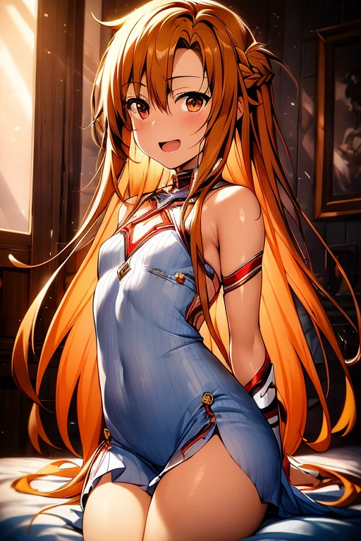 ((Best Quality)), ((masterpiece)), (be familiar with), Perfect Face, indoor, bedroom, Watching the audience,
One woman, Yuuki Asuna,
Open Mouth, Ecstatic expression, blush, smile,
Small breasts, Flat Chest, , , child, Girl,
Long Hair, Long Hair,
Leg spread,