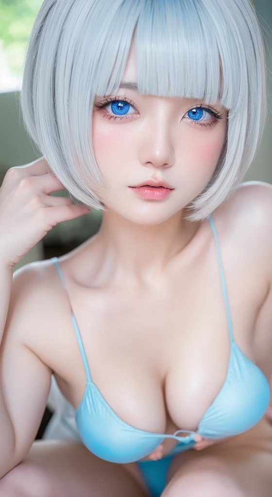 Pretty woman looking at viewer stunning blue eyes white skin eyeliner , gothic makeup thick and voluminous lips, lipstick negro, big tits and voluptuous, Image 1.2 high resolution 12k NSFW
