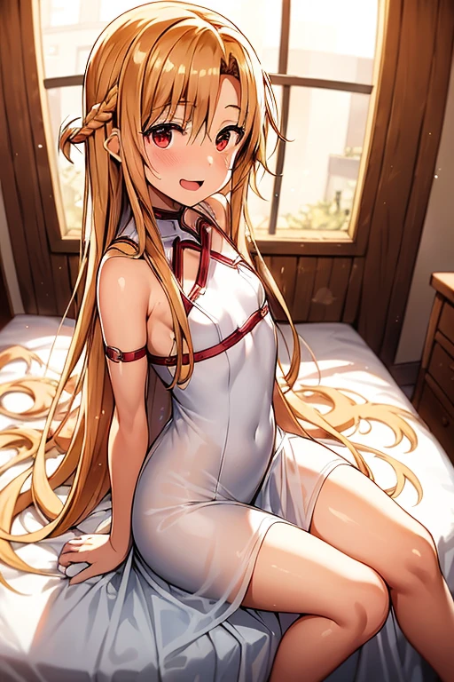 ((Best Quality)), ((masterpiece)), (be familiar with), Perfect Face, indoor, bedroom, Watching the audience,
One woman, Yuuki Asuna,
Open Mouth, Ecstatic expression, blush, smile,
Small breasts, Flat Chest, , , child, Girl,
Long Hair, Long Hair,
Leg spread,