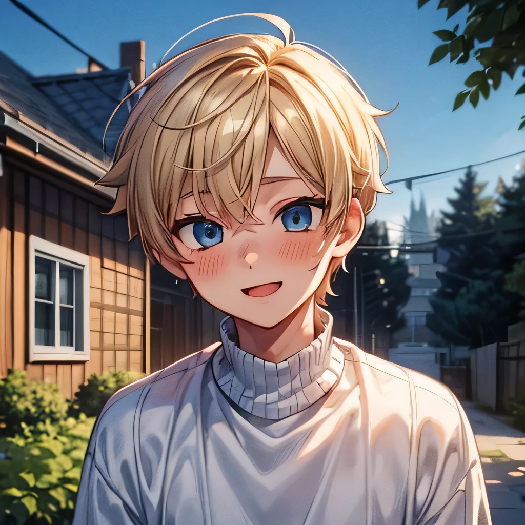 A handsome child cute 1boy 11yr blush,happy smile cute,ahegao,messy short blond hair and blue eyes,wearing Fine-Knit Sweater,webtoon style,from front,in backyard