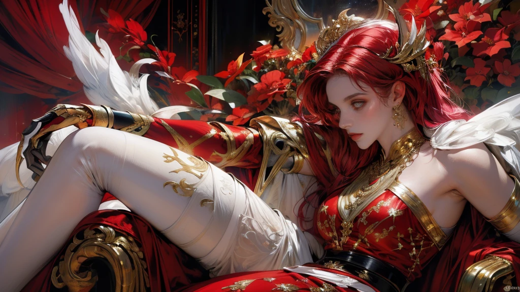 a beautiful woman with delicate features, wearing a regal red and white shirt, sitting on a chair against a red white background, black and white wings, holding a sword, a crown on her head, surrounded by a tangled floral design with glowing skin, highly detailed, fractal art style, dynamic pose, vibrant color palette focused on red, and white, perfect proportion and anatomically correct details, futuristic, cyberpunk, ink punk aesthetic, paint tray and ink splatter elements, (best quality,4k,8k,highres,masterpiece:1.2),ultra-detailed,(realistic,photorealistic,photo-realistic:1.37),HDR,UHD,studio lighting,ultra-fine painting,sharp focus,physically-based rendering,extreme detail description,professional,vivid colors,bokeh, smiling, luxury background , Long Hair, 