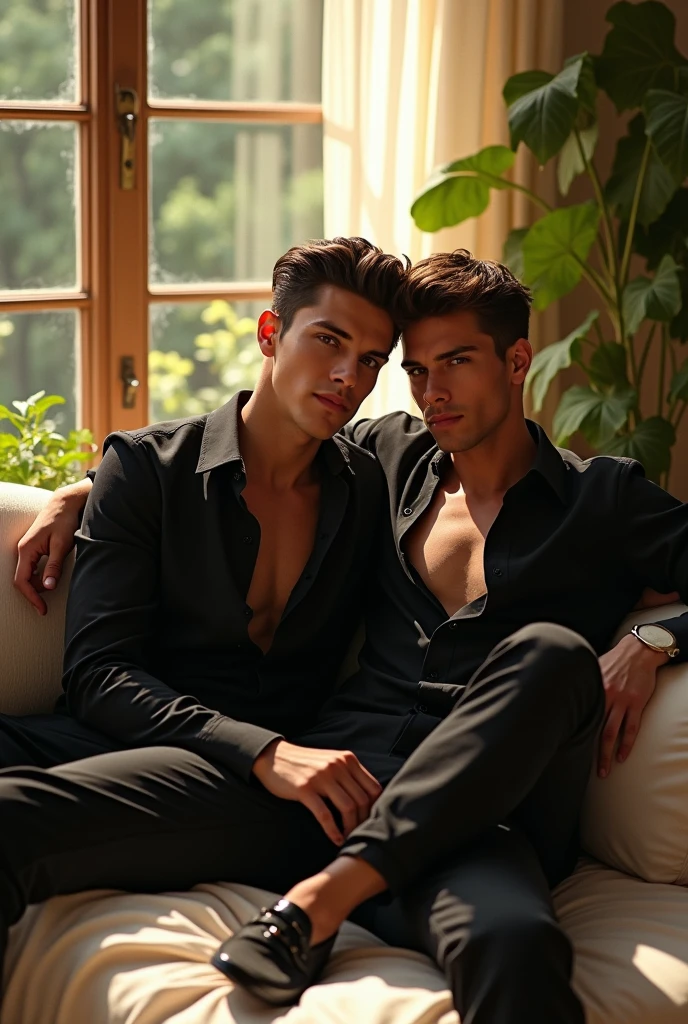 a handsome, 2 attractive men with a seductive expression, athletic, tattooed, sitting inside a room , Sitting on the bed, wearing a tank top, silver watch, Brown hair, Crossed arms 