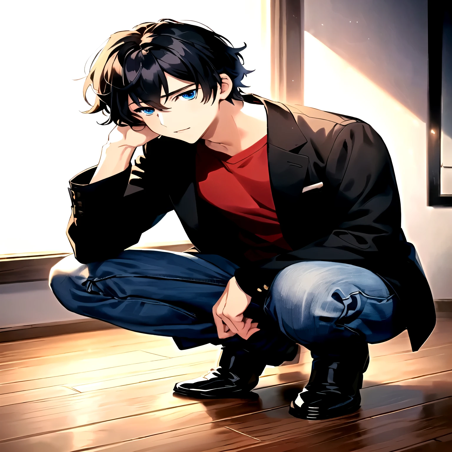 anime - style image of a man kneeling on a wooden floor, handsome anime pose, tall anime guy with blue eyes, anime handsome man, anime boy, young anime man, anime. soft lighting, male anime style, smooth anime cg art, male anime character, anime portrait of a handsome man, beautiful androgynous prince, anime moe artstyle