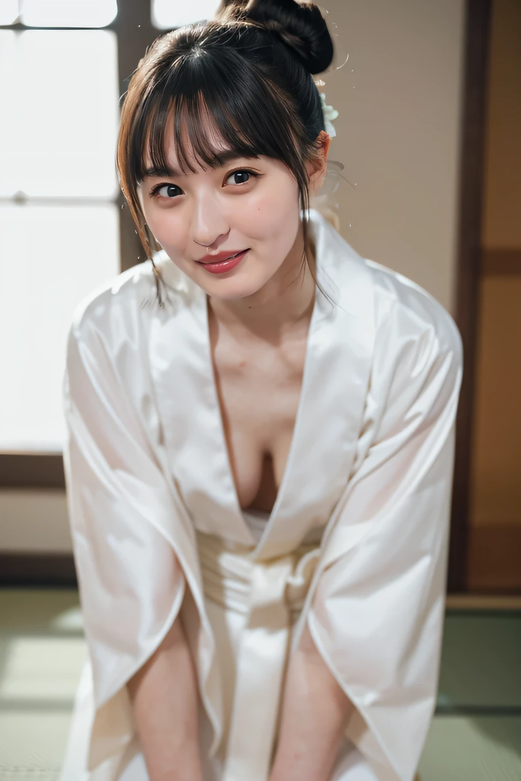 (最high quality、Tabletop、8k、Best image quality、Award-winning works)、(One beautiful mature woman:1.1)、Adult face、(Innkeeper:1.1)、(Elegant light-colored kimono:1.2)、(A perfect and precise collared kimono:1.2)、Perfect mature woman portrait photo、Glowing Skin、(((Relaxed collar、Leaning forward、Cleavage)))、(Blurred elegant and exquisite perfect Japanese style room background:1.3)、(The most natural and perfect neat Japanese style room background:1.2)、Glowing White Skin、Very white skin、(Accentuate your body lines:1.1)、(The most graceful posture:1.2)、(Small breasts:1.2)、A perfect smile、Perfect beautiful glossy lips、(Accurate anatomy:1.2)、(A perfect and elegant outfit:1.1)、(Stand with good posture:1.1)、(beautiful, high quality, Large kimono obi:1.2)、(Long kimono:1.2)、(Perfect and natural beautiful sleeves:1.2)、(Perfect and natural beautiful collar:1.2)、(Perfect and natural beautiful kimono:1.2)、(Perfect and natural beautiful sleeves:1.2)、(A perfect and natural beautiful obijime:1.2)、(Hair Bun:1.1)、(Face close-up:1.3)