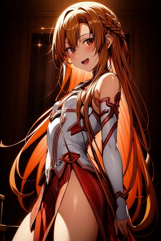 ((Best Quality)), ((masterpiece)), (be familiar with), Perfect Face, indoor, bedroom, Watching the audience,
One woman, Yuuki Asuna,
Open Mouth, Ecstatic expression, blush, smile,
Small breasts, Flat Chest, , , child, Girl,
Long Hair, Long Hair,
Leg spread,