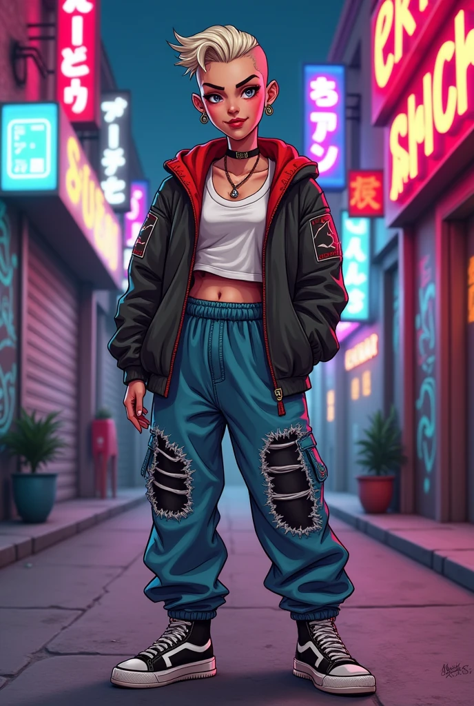 Full body image, Giving the middle finger, african woman, face piercins, tattooed skin, white hair curly, skirt and coat seus clothes, sweating, body a little fat, Hyper realistic night beach background, persona 5 manga style, Japanese writing on the edges with Shangri-La written on at the edges