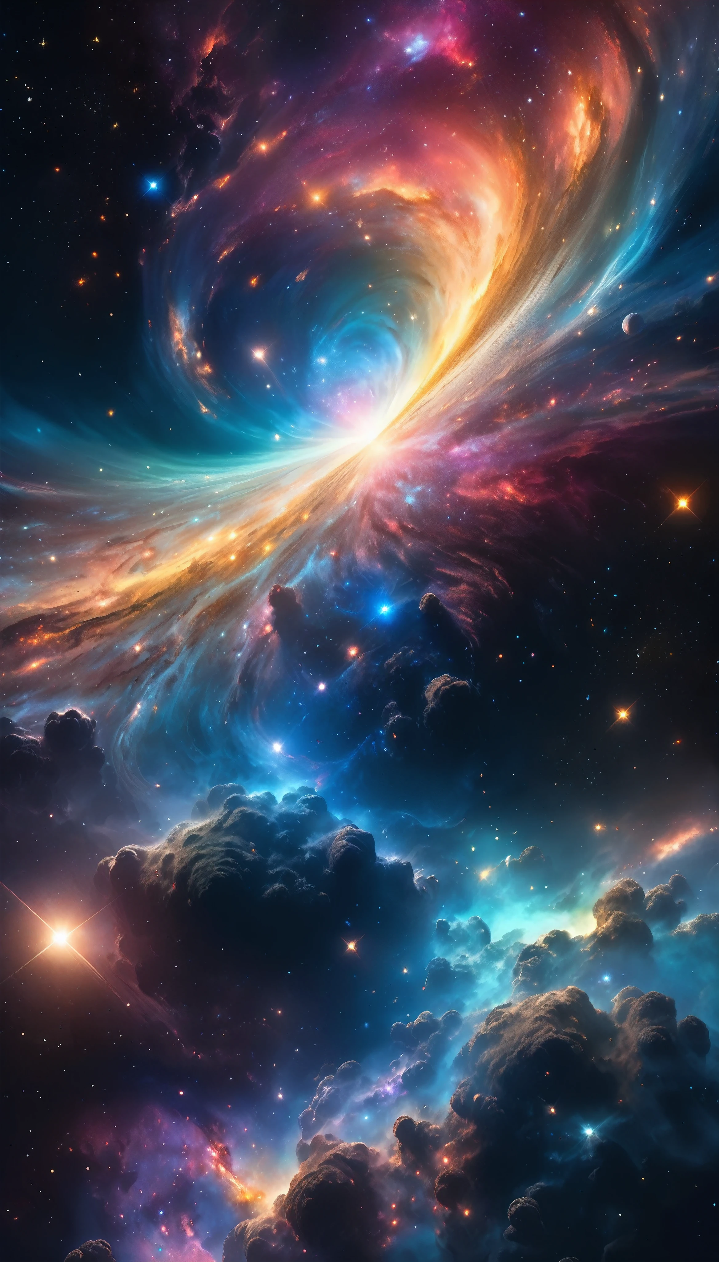 a stunning hyperrealistic 8k photograph of a beautiful cosmic landscape, hyperdetailed celestial bodies, glowing nebulae, swirling galaxies, iridescent star formations, dramatic lighting, cinematic composition, ethereal atmosphere, deep vibrant colors, photorealistic, highly detailed, masterpiece