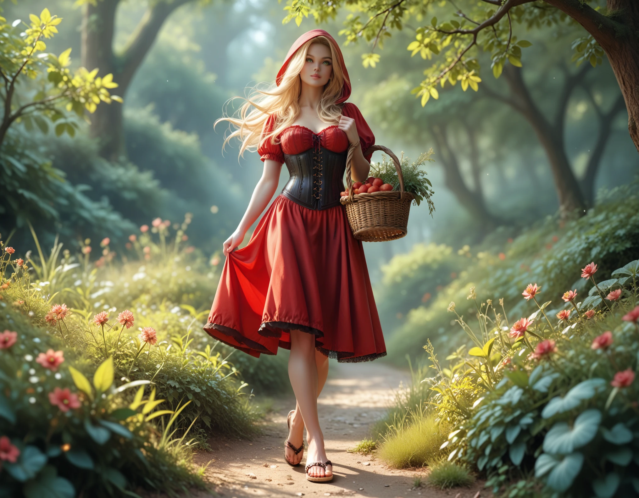 (masterpiece, Highest quality), (1girl, solo, (walking sexy, carrying a basket)), (girl is nude, (wearing a red hood, corset, skirt, sandals), perfect body, (detailed olive eyes), (blonde long hair)), (full body)