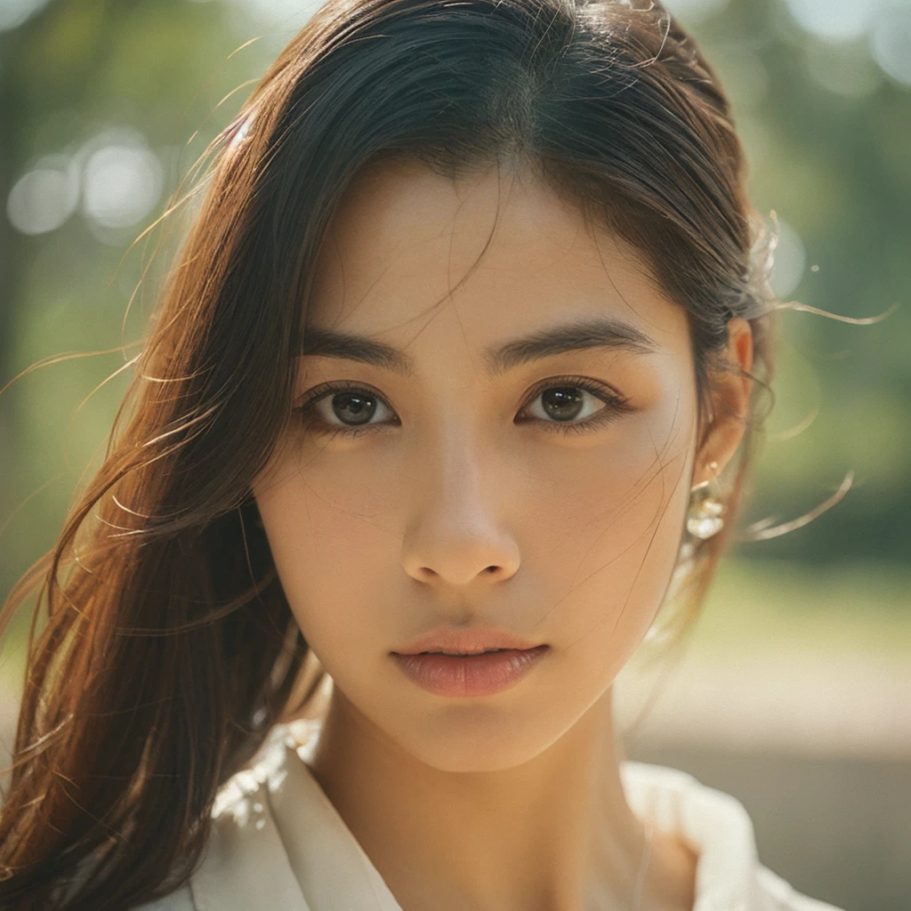 A hyper-realistic image of a single Japanese woman in her early 20s, captured with the nostalgic warmth and subtle graininess of a film camera. Her skin has a warm beige tone with a natural, slightly rough texture that includes visible pores, fine lines, and subtle imperfections such as small blemishes, adding to the authenticity of her appearance. The soft, diffused natural light enhances the film-like quality, casting gentle shadows that create a timeless, organic feel. Her straight, glossy black hair frames her face in a natural, slightly tousled manner, and her deep brown eyes reflect the ambient light, adding depth and emotion. The film camera effect introduces a slight grain and a softer focus, giving the image a warm, nostalgic atmosphere while maintaining the realistic texture of her skin. She is dressed simply, in a way that complements her natural beauty, with the overall composition designed to evoke a sense of genuine, understated elegance. The use of natural light, combined with the deliberately rougher texture of her skin and the film-like qualities, ensures that this image captures the imperfections that make her beauty truly lifelike, focusing solely on this one individual.