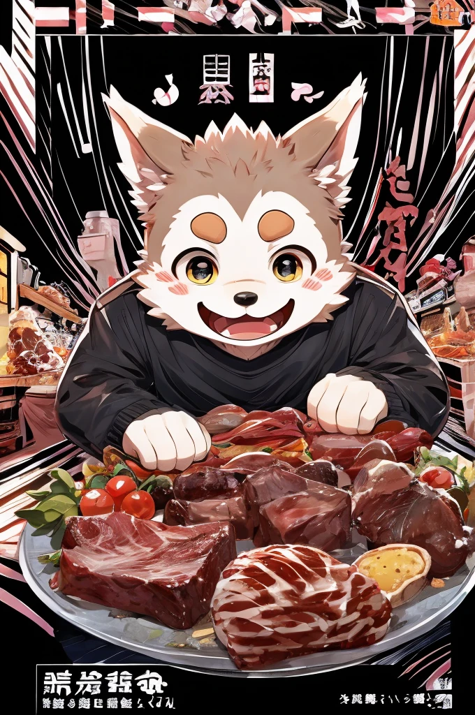 Full color cover、 Conversation scene、Comical werewolf wearing a long sleeved black shirt、Delicious meat appears before your eyes、Happy Face、smile、cute、