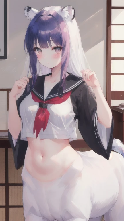 (best quality, masterpiece), 1 girl, centaur, I beg, White skin, Japanese schoolgirl, black pink, exposing the abdomen, belly button t-shirt , beautiful girl perfect, White tiger photo, 완벽한 White tiger photo