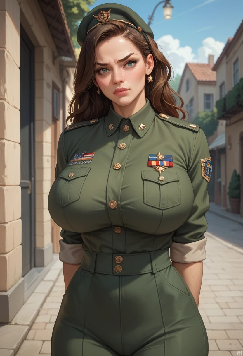 ((8k, best quality, masterpiece, ultra highres:1.0)), huge breasts, Athletic, slender,(military uniform:1.4,erect nipples:0.8),frustrating,Embarrassing,high beams