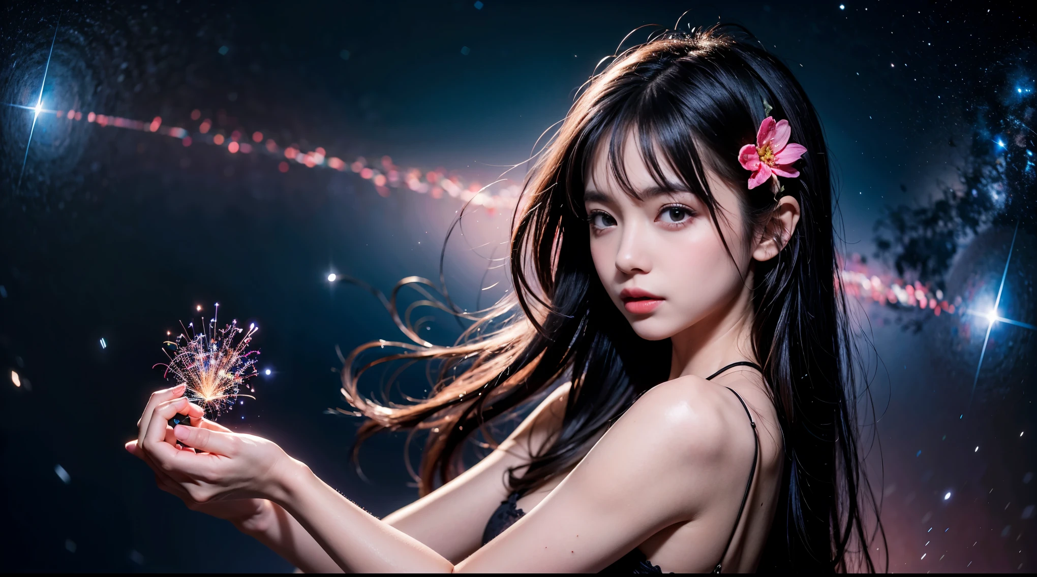 One girl, masterpiece, Very detailed, ((Cinema Lighting)), (Shine), ((Dramatic lighting)), ((Beautiful sparkle)), Intricate details, Lens flare, Multicolored Hair, Rainbow Hair, Long Hair, colorfulなドレス, butterflyの髪飾り, butterfly, (Particles of light), Put your arms behind your back, Large Breasts, [Curvy], Cowboy Shot, A light smile, Green Eyes, church, Stained glass, Spotlight, Dark Background, Floating Hair, Floating Hair, View your viewers,((colorful))