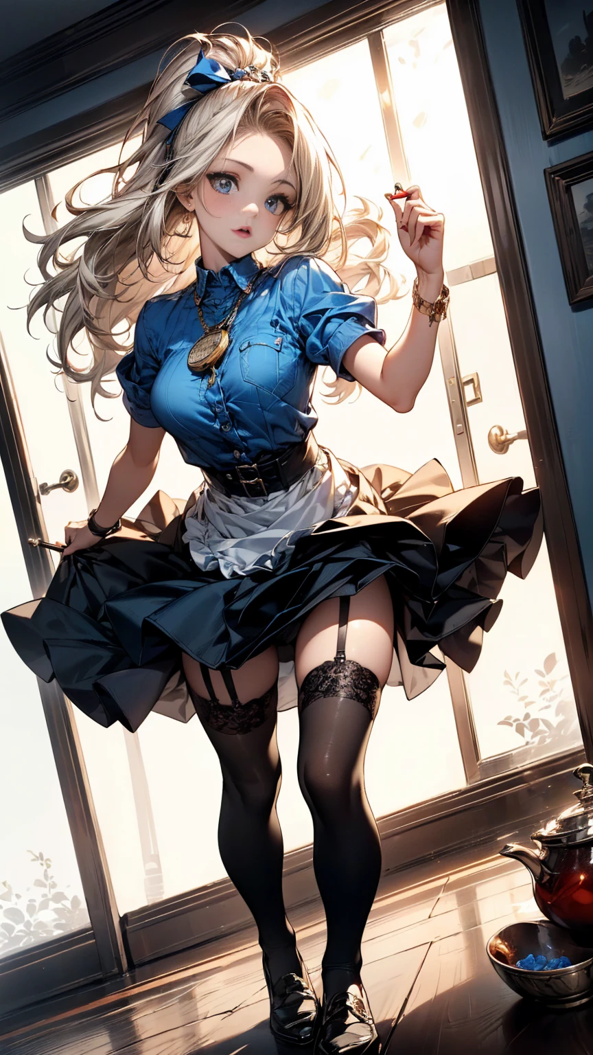 ((sketch)), ((watercolor)),((Highest quality)) ((Highest quality)), ((masterpiece)), (detailed), High resolution, 非常にdetailedな, 4K images, Anime Style, Beautiful teenage girl, 13 years old, Pearly white skin, Blonde braided ponytail hair, Lovely and cute face, golden brown eyes, White French maid uniform, black sheer stockings、plump thick lips, Small breasts, Slim and toned body, Tall(180cm), Narrow waist, Wide and curvy hips, Plump big round ass, Full body photo