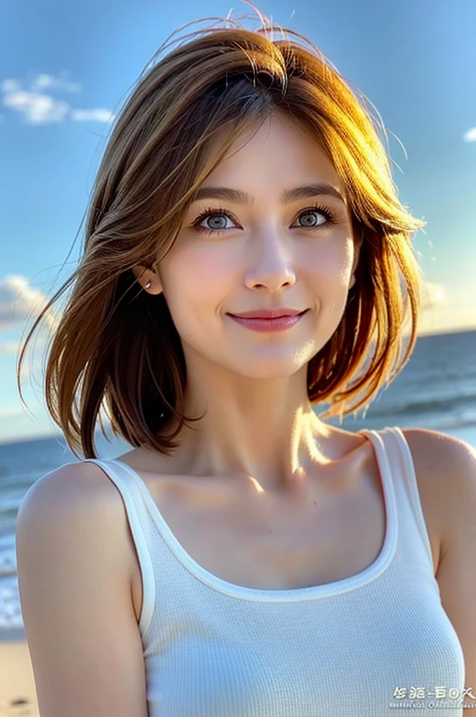 8K,Brown short hair,Pretty American woman,Super Beauty(Like the real thing),Colorful summer clothes,Shorts,Big smile,Lakeside,Perfect Anatomy,charm,Volume measurement,Body balance,Digital single-lens reflex camera, Soft lighting, Detailed Background, Written boundary depth, Volumetric lighting, Sharp focus, Absurd, Realistic proportions, Excellent anatomy, (Realistic, 超Realistic:1.4), 16K HDR, dawn,A High Resolution,super Realistic 肌,Super beautiful expression,Fantasy art,Character Art,Wind effects:1.9、Cloud Effect:1.2、Full Rendering、Professional quality high resolution、Perfect contrast、Perfect lighting、Perfect composition、Perfect Skin、Perfect Fingers、Perfect breasts、Perfect Hair、Perfect Face、Realistic facial features,super highest quality,Slim figure,Perfect body line,Perfect hand shape,Anatomical body balance,Highly detailed face,Highly detailed eyes,Beautiful Lips,Excellent light particles,Cinema Lighting,Makeup,Ultra-high resolution,Ultra-Realistic Skin,Dynamic pose,Blue Eyes,