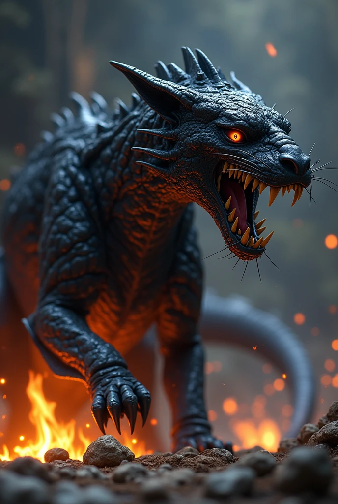 saber tooth tiger,gigantic, long teeth,with dragon wings, dragon scales on skin,realistic,photo,his skin is black