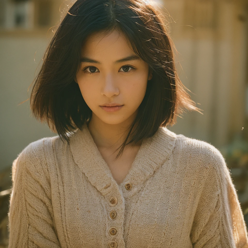 A hyper-realistic image of a single Japanese woman in her early 20s, captured with the nostalgic warmth and subtle graininess of a film camera. Her skin has a warm beige tone with a natural, slightly rough texture that includes visible pores, fine lines, and subtle imperfections such as small blemishes, adding to the authenticity of her appearance. The soft, diffused natural light enhances the film-like quality, casting gentle shadows that create a timeless, organic feel. Her straight, glossy black hair frames her face in a natural, slightly tousled manner, and her deep brown eyes reflect the ambient light, adding depth and emotion. The film camera effect introduces a slight grain and a softer focus, giving the image a warm, nostalgic atmosphere while maintaining the realistic texture of her skin. She is dressed simply, in a way that complements her natural beauty, with the overall composition designed to evoke a sense of genuine, understated elegance. The use of natural light, combined with the deliberately rougher texture of her skin and the film-like qualities, ensures that this image captures the imperfections that make her beauty truly lifelike, focusing solely on this one individual.