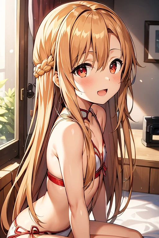 ((Best Quality)), ((masterpiece)), (be familiar with), Perfect Face, indoor, bedroom, Watching the audience,
One woman, Yuuki Asuna,
Open Mouth, Ecstatic expression, blush, smile,
Small breasts, Flat Chest, , , child, Girl,
Long Hair, Long Hair,
Leg spread,