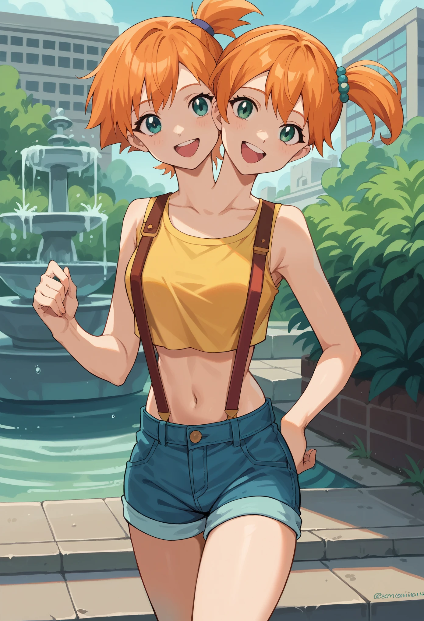 (masterpiece, best quality), best resolution, two heads, 1girl, misty, yellow crop top, suspenders, side ponytail, orange hair, denim shorts, aquamarine eyes, smile, open mouth, facing the viewer, posing for the camera, outdoors, convention center fountain