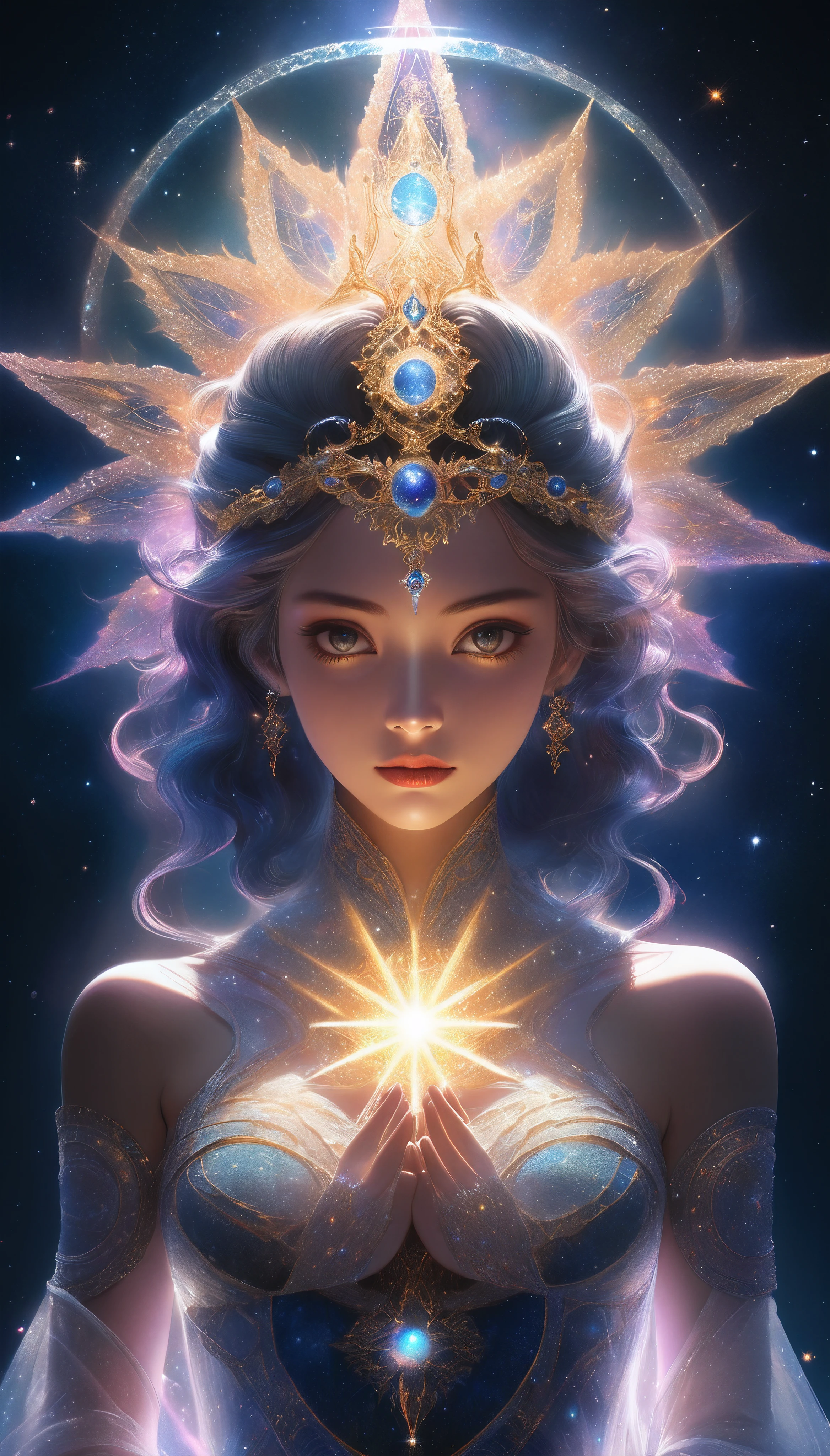 ((best quality)), ((masterpiece)), ((realistic)), portrait,
1girl, celestial, deity, goddess, light particles, halo, looking at viewer,
(bioluminescent:0.95) ocean, bioluminescent, vibrant, colourful, color, (glowing, glow),
(beautiful composition), cinematic lighting, intricate, (symmetrical:0.5), whimsical,