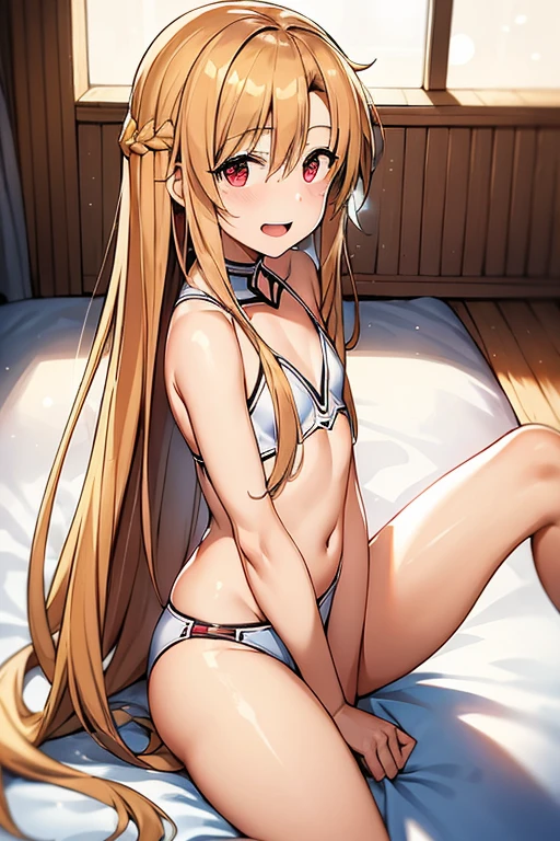 ((Best Quality)), ((masterpiece)), (be familiar with), Perfect Face, indoor, bedroom, Watching the audience,
One woman, Yuuki Asuna,
Open Mouth, Ecstatic expression, blush, smile,
Small breasts, Flat Chest, , , child, Girl,
Long Hair, Long Hair,
Leg spread,