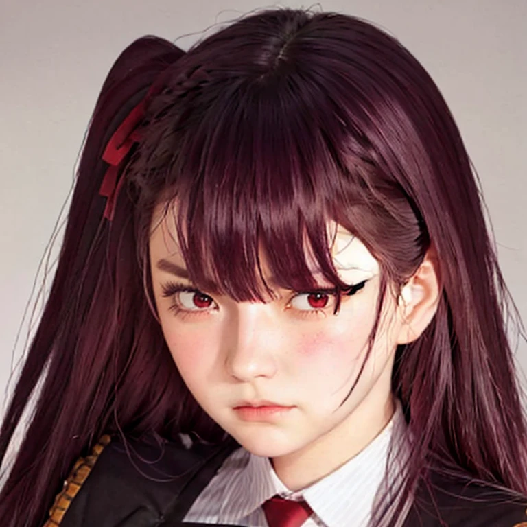 young woman, Just looking at the viewer, (realistic:1.4), (WA2K:1.0), red eyes, shirt, jacket, red tie, (burgundy hair color), Braid, (one side up:1.2), (Hair band), (blush, ashamed), (while frowning),(detailed, ultra-detailed, high detailed, ultra realistic 8k CG, Perfect work of art, high quality), wooden table, flores, Interior