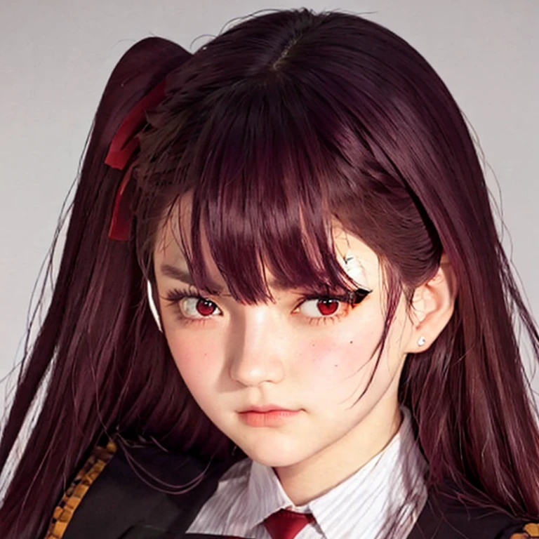 young woman, Just looking at the viewer, (realistic:1.4), (WA2K:1.0), red eyes, shirt, jacket, red tie, (burgundy hair color), Braid, (one side up:1.2), (Hair band), (blush, ashamed), (while frowning),(detailed, ultra-detailed, high detailed, ultra realistic 8k CG, Perfect work of art, high quality), wooden table, flores, Interior