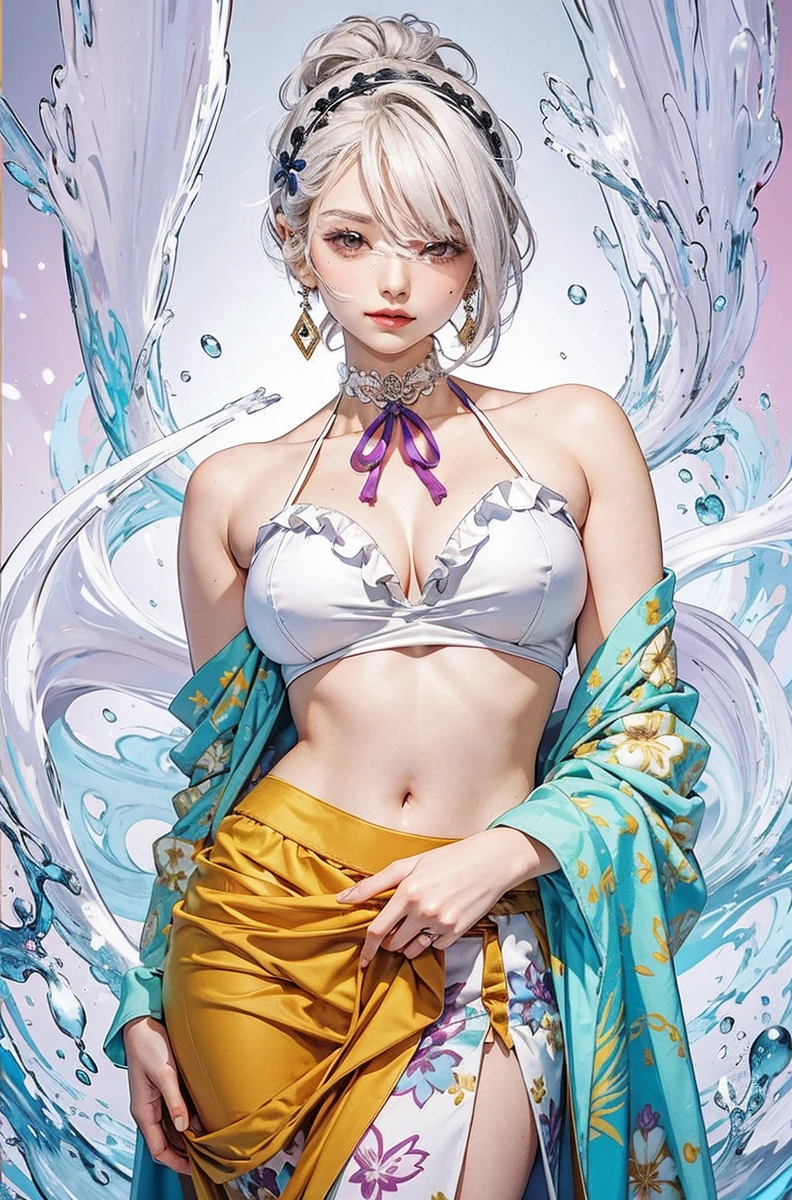 One girl, Female Water Spirit, Light blue hair, Internal spring water, Put a few drops of water on your skin,Wrapped in a transparent cloth、barefoot、Soak your feet in the sacred spring、smile、Open your arms