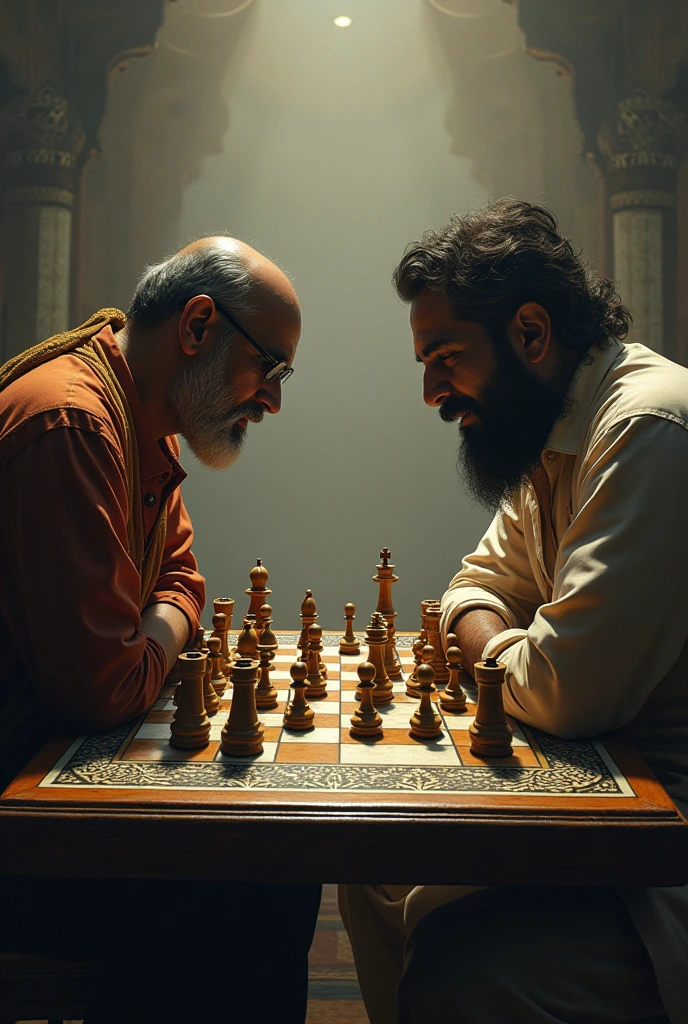 Create a 2D image where Euler and Pythagoras are playing chess