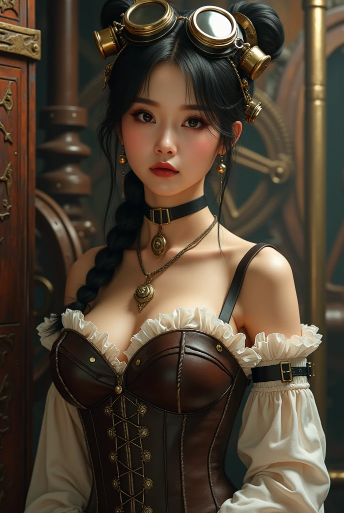 (masterpiece:1.3), (8K, Photorealsitic, Raw photography, Top image quality: 1.4), Japan high school girls、age18,(Random hairstyles:1.2)、cleavage of the breast:1.2、Super Detail Face、Eye of Detail、double eyelid、Bring your chest together、sharp focus:1.2、prety woman:1.4、light brown hair、top-quality、masterpiece、超A high resolution、(Photorealsitic:1.4)、Highly detailed and professional lighting smile、Loose steampunk costume、Shoulder out、slender、serious facial expression、hold gorgeous necklace in right hand, Inside the old castle、eat dinner