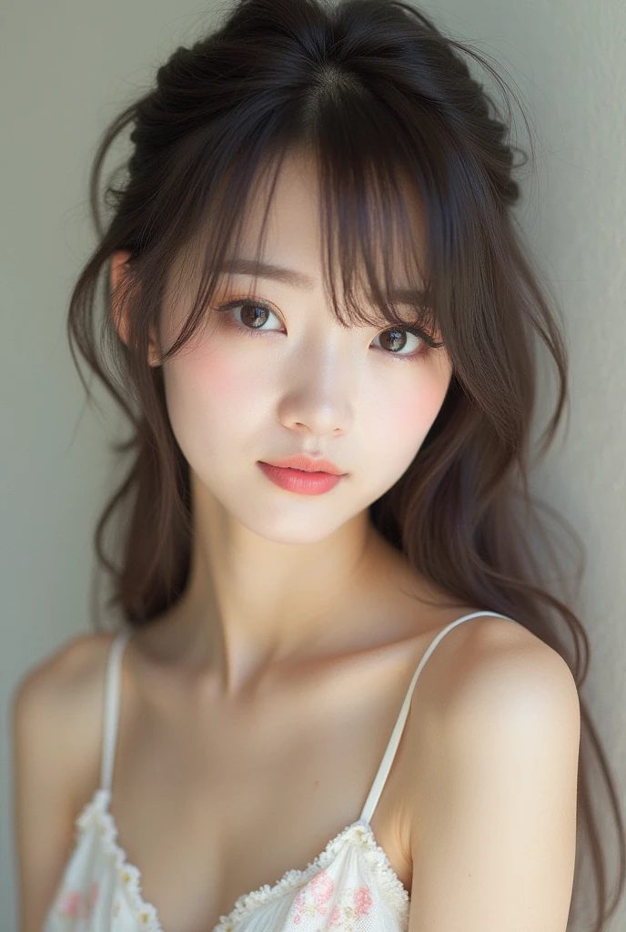 Fashion trendy beautiful and charming woman, gentle and charming Chinese beautiful woman, delicate and sexy collarbone, charming oval face, double eyelids, vivid peach blossom eyes, pink lips, small nose, bare shoulders, focus on the face, close-up of the face, Ultra-high-definition, super-detailed, full-body photo, ultra-thin and light-transmitting, white cake dress, layered design is very individual, hides meat and looks thin, with a beige sweater as a whole, it gives a fresh and elegant look, which can be seen through