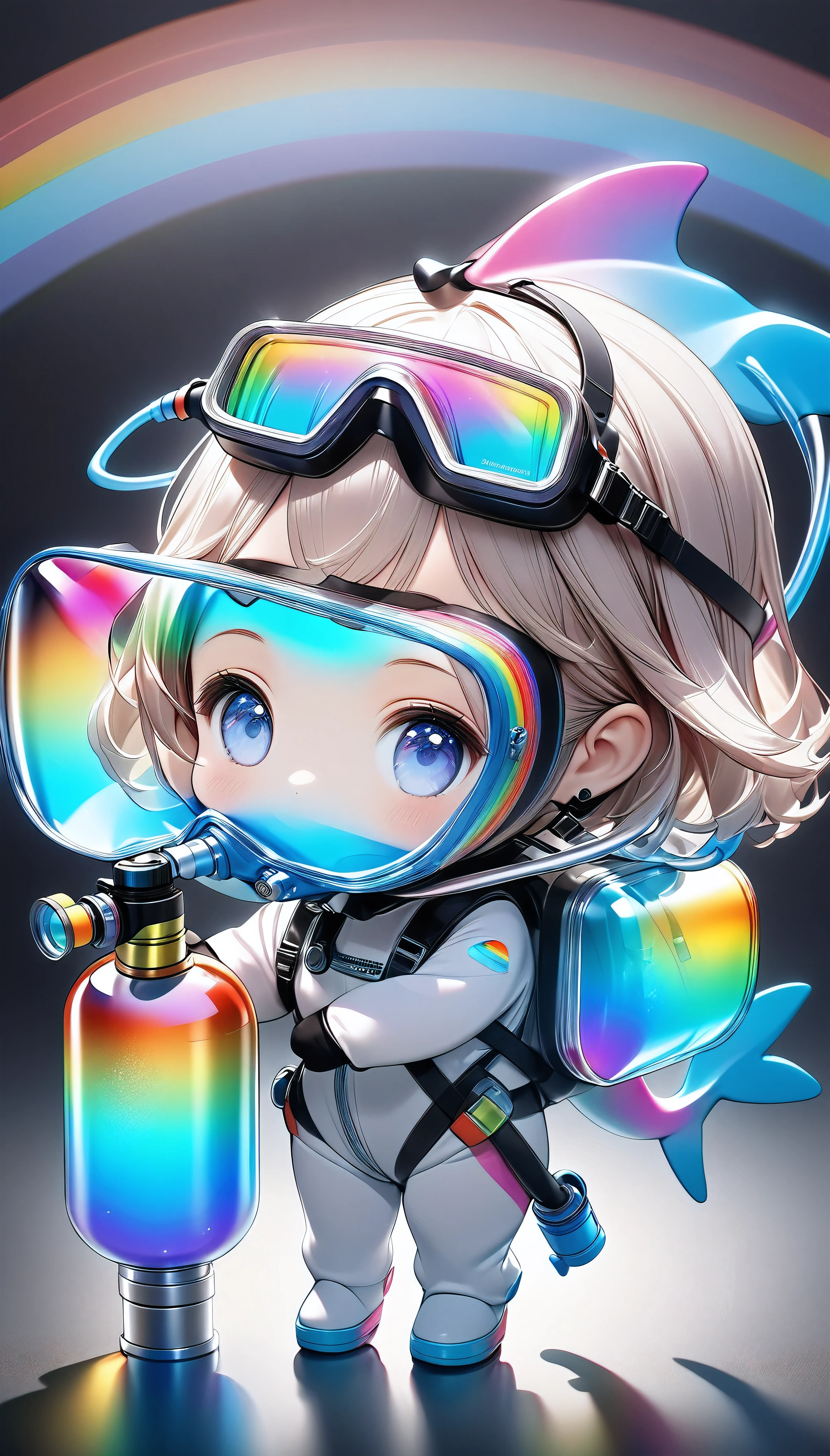 (Miniature photography:1.87), cute minimalist art, 1girl, chibi cute diver, realistic dolphin costume, holographic reflection snorkel, rainbow oxygen tank, transparent colorful gradient, black background, ARW, inspiring creativity