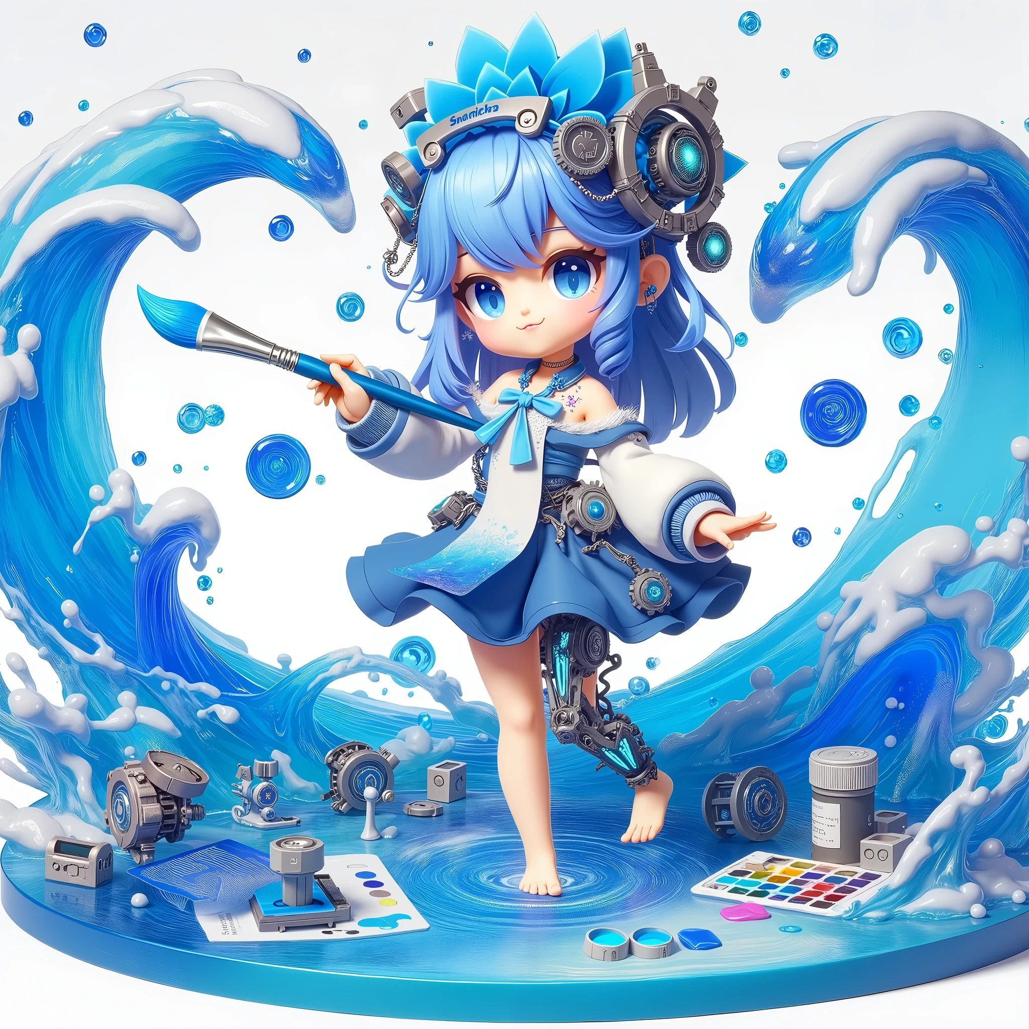 cute，A blue sea elf，Wearing clothes made from seawater，Wearing a digitally-made blue sea painter&#39;s hat，Barefoot，Holding a paintbrush in left hand，Right hand pointing forward，On the right hand, there is a large circle made of blue sea water with the word &quot;seaart&quot; written on it.，Swirl shape，Swirl shape，Curious expression，A person poses for painting，White Art World Background，Perfect Light，High image quality，Extraordinary texture，High-resolution details，Masterpieces，Vivid colors，High contrast tones，Cool colors，Fantasy style，Perfect Light，High image quality，Extraordinary texture，Chibi，3D Rendering，Unreal Engine，C4D，OC Renderer，Ray Tracing，Long-distance shooting