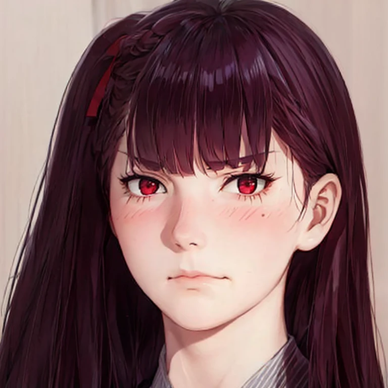 young woman, Just looking at the viewer, (realistic:1.4), (WA2K:1.0), red eyes, shirt, jacket, red tie, (burgundy hair color), Braid, (one side up:1.2), (Hair band), (blush, ashamed), (while frowning),(detailed, ultra-detailed, high detailed, ultra realistic 8k CG, Perfect work of art, high quality), wooden table, flores, Interior