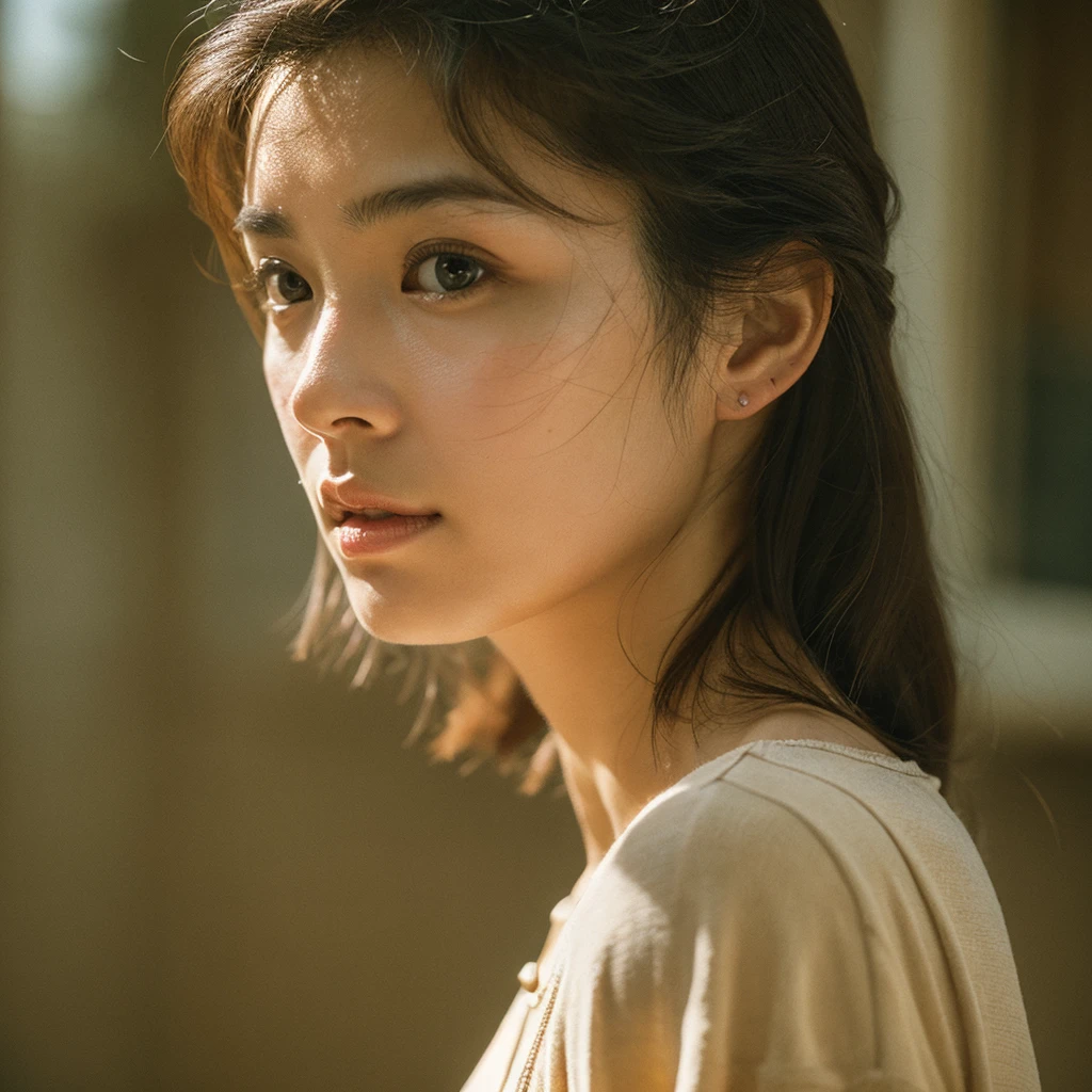 A hyper-realistic image of a single Japanese woman in her early 20s, captured with the nostalgic warmth and subtle graininess of a film camera. Her skin has a warm beige tone with a natural, slightly rough texture that includes visible pores, fine lines, and subtle imperfections such as small blemishes, adding to the authenticity of her appearance. The soft, diffused natural light enhances the film-like quality, casting gentle shadows that create a timeless, organic feel. Her straight, glossy black hair frames her face in a natural, slightly tousled manner, and her deep brown eyes reflect the ambient light, adding depth and emotion. The film camera effect introduces a slight grain and a softer focus, giving the image a warm, nostalgic atmosphere while maintaining the realistic texture of her skin. She is dressed simply, in a way that complements her natural beauty, with the overall composition designed to evoke a sense of genuine, understated elegance. The use of natural light, combined with the deliberately rougher texture of her skin and the film-like qualities, ensures that this image captures the imperfections that make her beauty truly lifelike, focusing solely on this one individual.