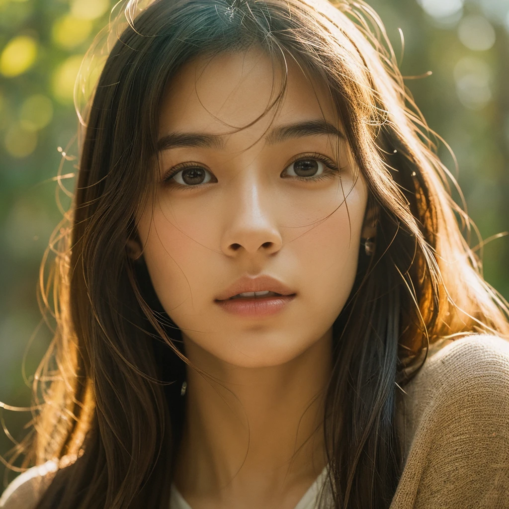 A hyper-realistic image of a single Japanese woman in her early 20s, captured with the nostalgic warmth and subtle graininess of a film camera. Her skin has a warm beige tone with a natural, slightly rough texture that includes visible pores, fine lines, and subtle imperfections such as small blemishes, adding to the authenticity of her appearance. The soft, diffused natural light enhances the film-like quality, casting gentle shadows that create a timeless, organic feel. Her straight, glossy black hair frames her face in a natural, slightly tousled manner, and her deep brown eyes reflect the ambient light, adding depth and emotion. The film camera effect introduces a slight grain and a softer focus, giving the image a warm, nostalgic atmosphere while maintaining the realistic texture of her skin. She is dressed simply, in a way that complements her natural beauty, with the overall composition designed to evoke a sense of genuine, understated elegance. The use of natural light, combined with the deliberately rougher texture of her skin and the film-like qualities, ensures that this image captures the imperfections that make her beauty truly lifelike, focusing solely on this one individual.