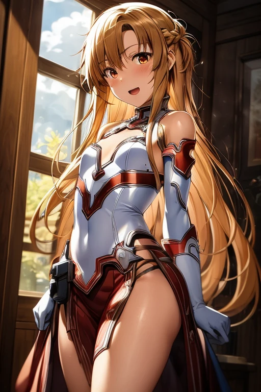 ((Best Quality)), ((masterpiece)), (be familiar with), Perfect Face, indoor, bedroom, Watching the audience,
One woman, Yuuki Asuna,
Open Mouth, Ecstatic expression, blush, smile,
Small breasts, Flat Chest, , , , Girl,
Long Hair, Long Hair,
Leg spread,