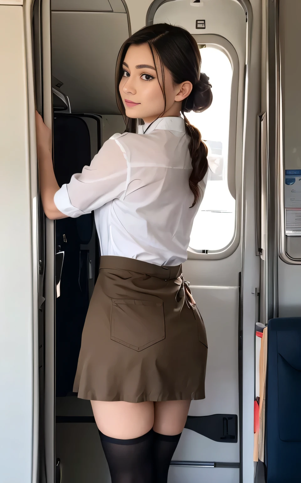 (masterpiece: 1.3), (maximum resolution: 1.2), (ultra high definition tv: 1.2), cinema light, 8K resolution, detailed facial features, focus on face,perfect style, cute face, Accurate, anatomically correct, fine eyes,beautiful eyes、 shiny skin, Fair skin, Glossy skin、glossy lips、 (embarrassed look: 1.2),Female 32 years old, Retrospective shot of rear loam、angle from below, Low - Angle, from behind, beautiful face, (skirt lift:1.4), loose and wrinkled white panties, stockings, blush、humiliation、impatience、tears、embarrassing、surprised expression、expression of anger、 (flight attendant uniform:1.4),full of sweat、silver hair、green ash eye、soaking wet、flowing sperm、Sperm in the ass、sperm on thigh、flowing sperm(attractive ass:1.2),、exposed panties、disheveled clothes、exposed chest、Inside the plane、aisle、(Pee runs down the inside of my thighs:1.1) , gigantic breasts