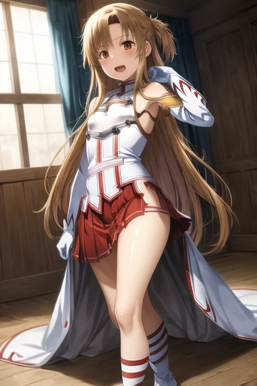 ((Best Quality)), ((masterpiece)), (be familiar with), Perfect Face, indoor, bedroom, Watching the audience,
One woman, Yuuki Asuna,
Open Mouth, Ecstatic expression, blush, smile,
Small breasts, Flat Chest, , , , Girl,
Long Hair, Long Hair,
Leg spread,